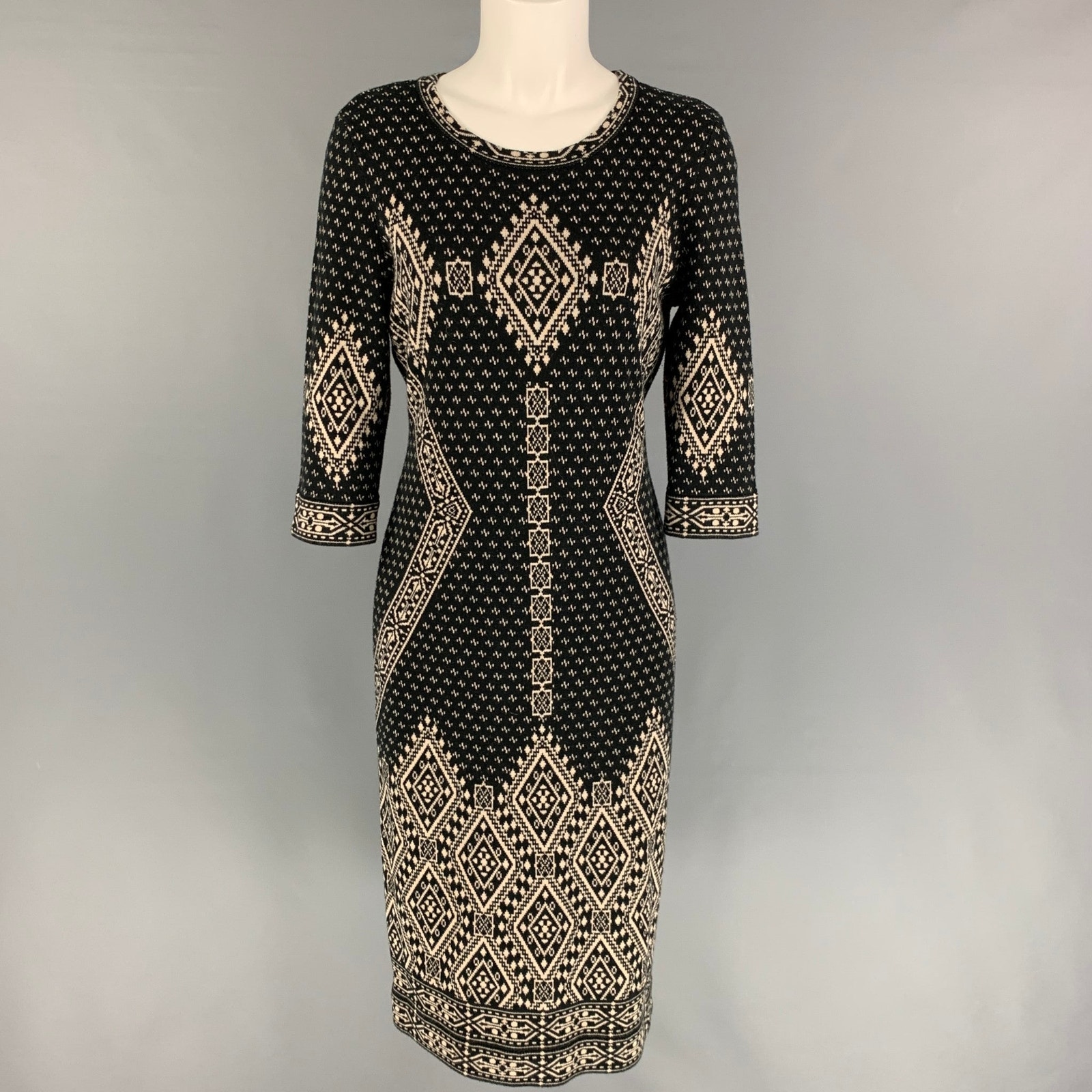 Saks Fifth Avenue Size M Black White Cotton Blend 3/4 Sleeves Dress